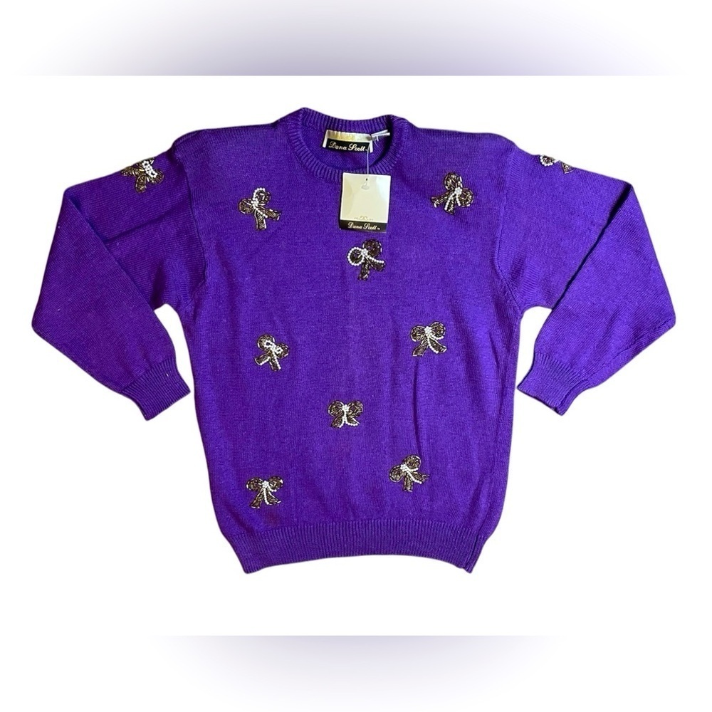 RARE NWT Vintage 80’s Dana Scott purple beaded Bow sweater! Tag still on!​​​​​​​
